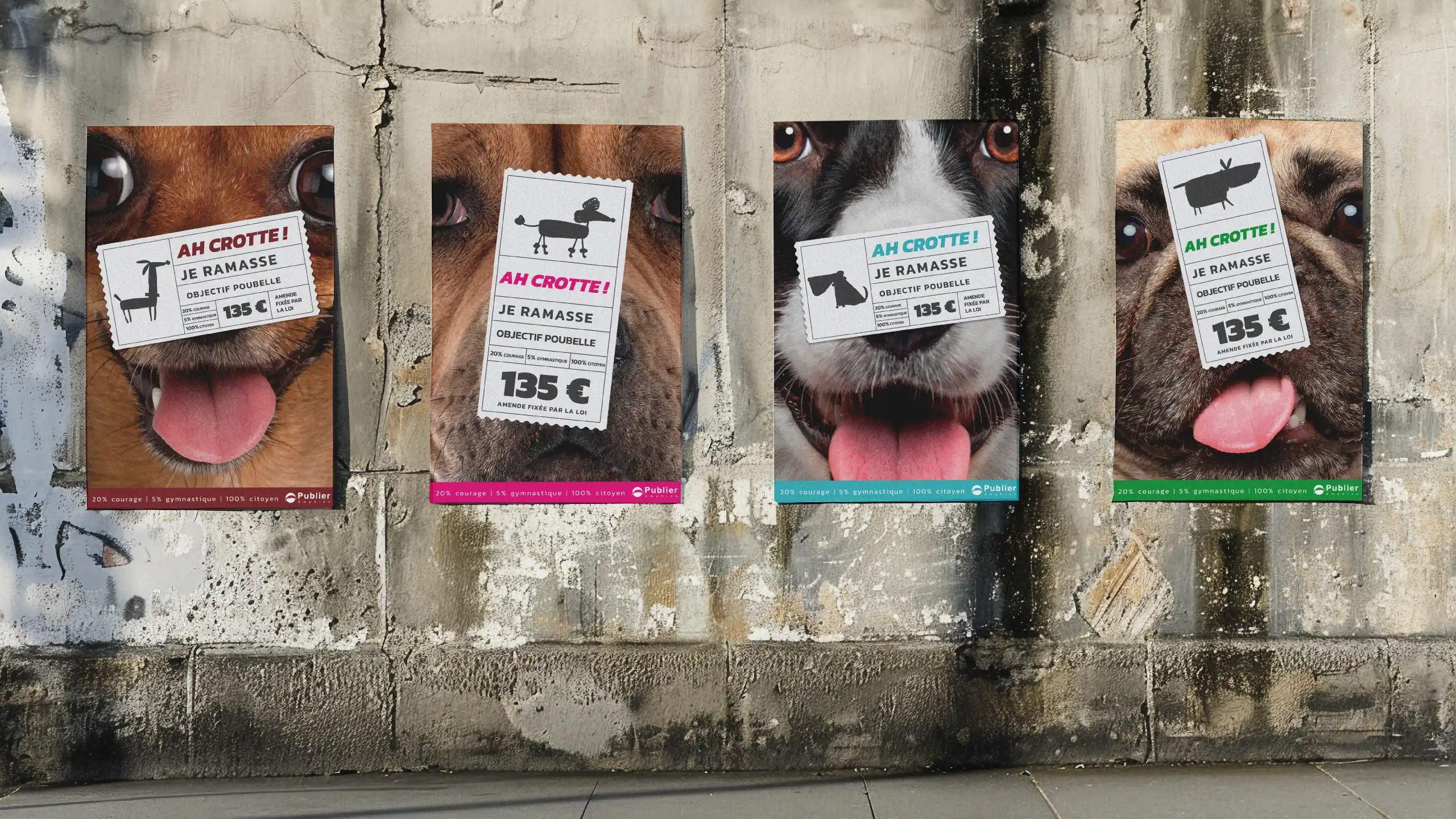 Les 4 affiches de sensibilisation canine conçues par Atelier Chose & Co pour la ville de Publier illustrant la campagne complète pour une ville plus propre.