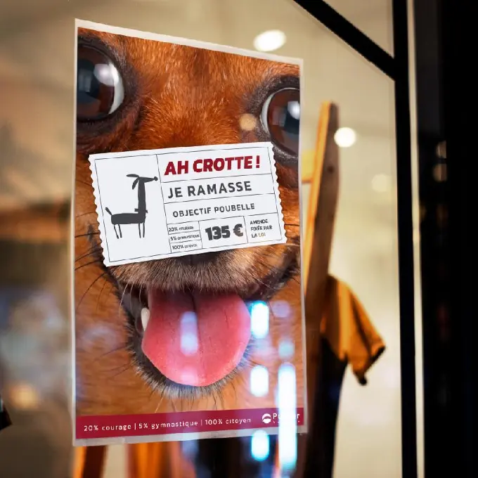Affiche de sensibilisation canine n°4 utilisant un visuel percutant et amusant pour encourager les habitants de la ville de Publier à ramasser les déjections.