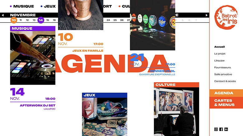 Screenshot de la partie agenda de la home Bistrot Les Iris