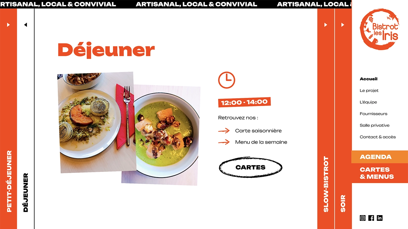 Screenshot de la partie menu de la home Bistrot les Iris
