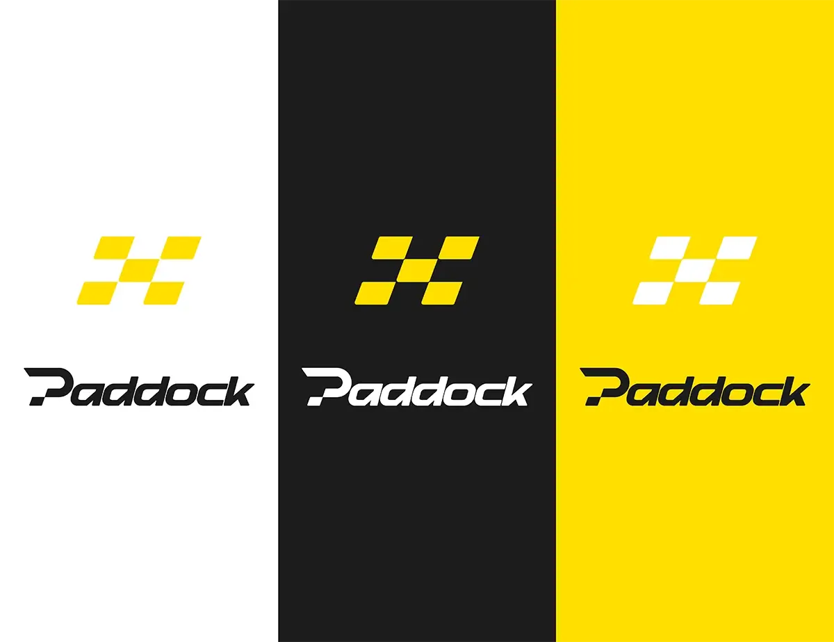 Déclinaison de l'identité de marque Paddock sur fonds colorés et autres supports